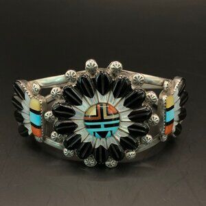 Zuni Sunface Sun Face Gemstone Inlay Cuff Bracelet Southwest Native American